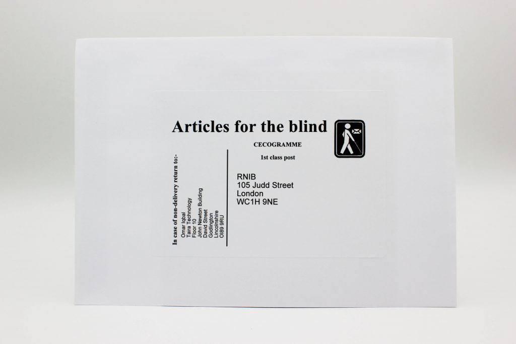 An Articles for the Blind label on an envelope.